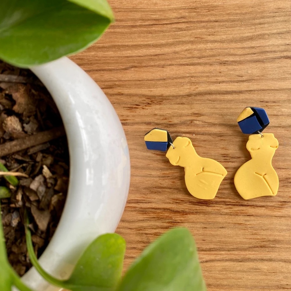 Handmade Clay Earrings | Forms of a Woman Silhouette | Yellow and Blue Mosaic